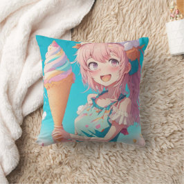 Whimsical Anime Meisje met Ice Cream Cone Kussen