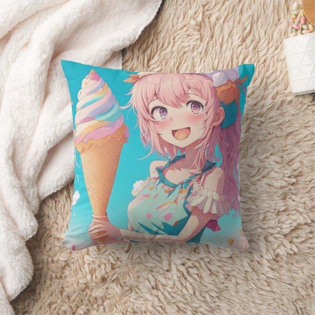 Whimsical Anime Meisje met Ice Cream Cone Kussen (Deken)