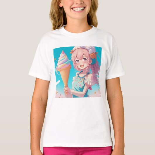 Whimsical Anime Meisje met Ice Cream Cone T-shirt (Voorkant)