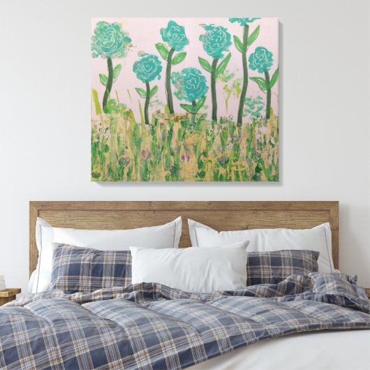 Whimsical Aqua Bloemen Canvas Afdruk (Insitu (Slaapkamer))