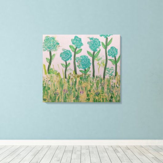 Whimsical Aqua Bloemen Canvas Afdruk (Insitu (Houten vloer))