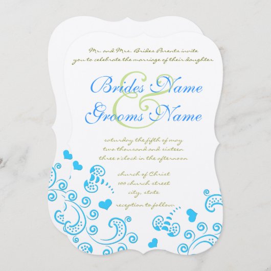 Whimsical Aqua Bumble Bee Swirl Wedding Invite Kaart (Voorkant / Achterkant)
