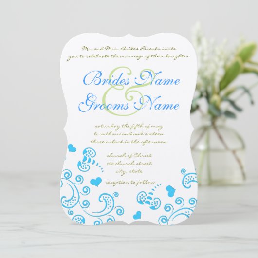 Whimsical Aqua Bumble Bee Swirl Wedding Invite Kaart (Staand voorkant)