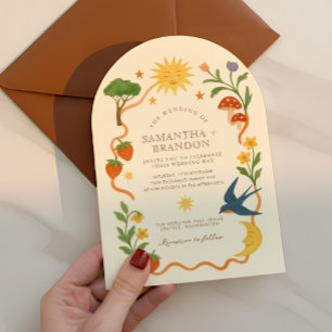 Whimsical Arch Zon & Maan Bloemen Huwelijk Kaart