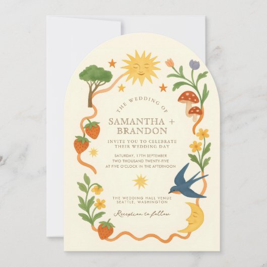 Whimsical Arch Zon & Maan Bloemen Huwelijk Kaart (Voorkant)