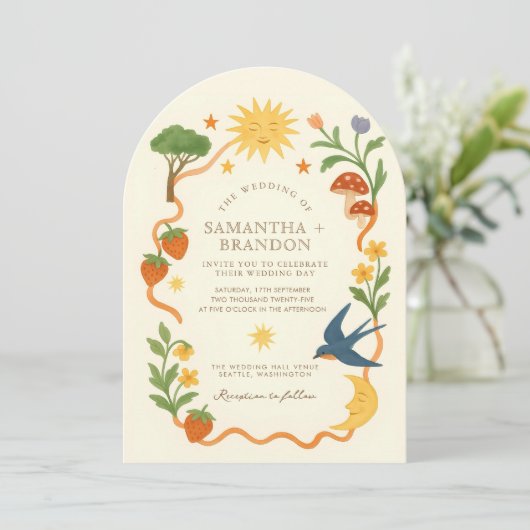 Whimsical Arch Zon & Maan Bloemen Huwelijk Kaart (Staand voorkant)
