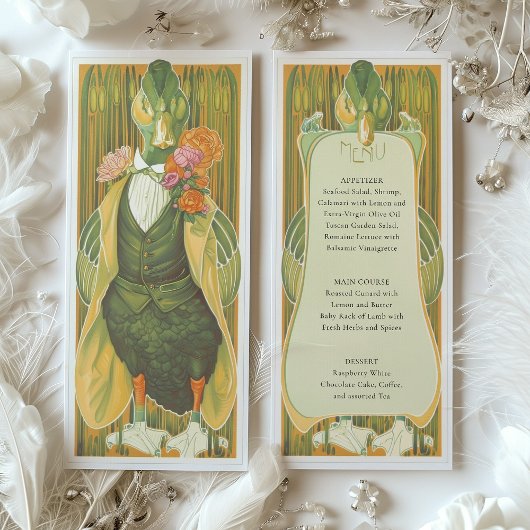 Whimsical Art Deco Duck Wedding Menu Kaart