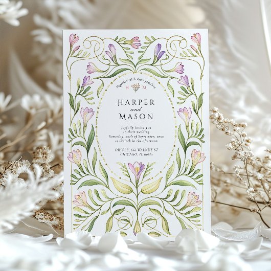 Whimsical Art Nouveau Freesias Gold Wedding Kaart
