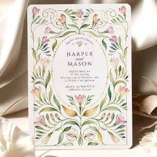 Whimsical Art Nouveau Freesias Gouden Bruiloft Kaart