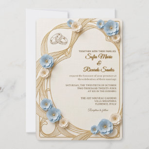 Whimsical Art Nouveau Pastelblauw & Gouden Trouw I Kaart