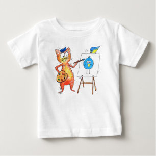 Whimsical Artist Cat Een vogel schilderen