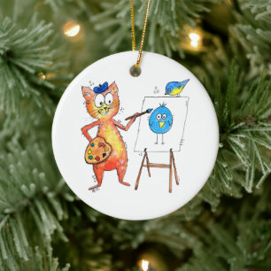 Whimsical Artist Cat Een vogel schilderen Keramisch Ornament