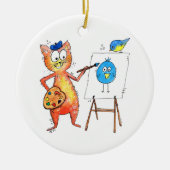 Whimsical Artist Cat Een vogel schilderen Keramisch Ornament (Voorkant)