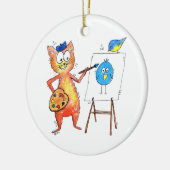 Whimsical Artist Cat Een vogel schilderen Keramisch Ornament (Links)