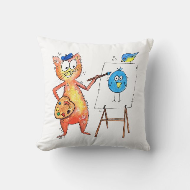 Whimsical Artist Cat Een vogel schilderen Kussen (Voorkant)
