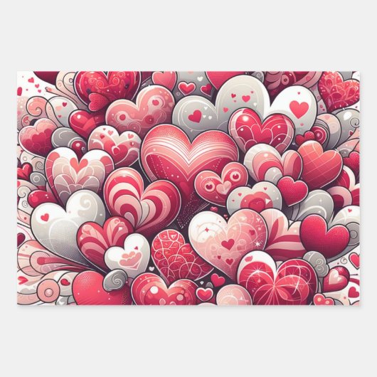 Whimsical Artsy Fancy Grijs en Rode Valentijnsdag Inpakpapier Vel (Voorkant)