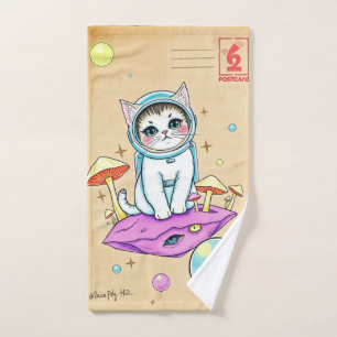 Whimsical Astro Cat Retro Handdoek