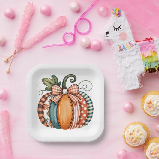 Whimsical Autumn Accent with Gingham Bow Papieren Bordje (Feest)