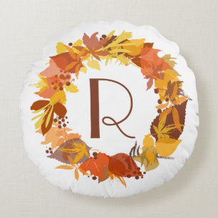 Whimsical Autumn Leaves Krans Monogram Kussen