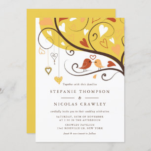 Whimsical Autumn Lovebird Wedding Invitation Kaart