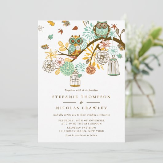 Whimsical Autumn Owls Engagement Party Uitnodiging (Staand voorkant)