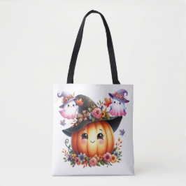 Whimsical Autumn Pumpkin Witch Design Tote Bag