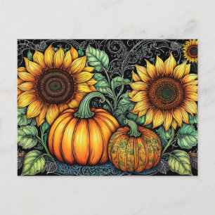 Whimsical Autumn Zonnebloemen en pompoenen Feestdagenkaart
