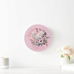 Whimsical Autumnal Pink Pumpkin Floral Ronde Klok