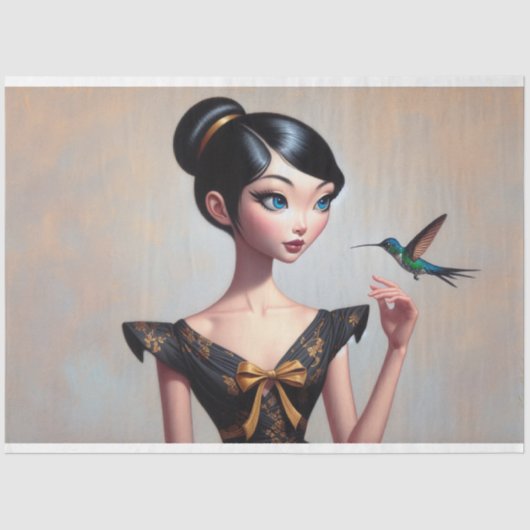 Whimsical Aziatische Meisje met Kolibrie Decoupage Tissuepapier (Voorkant)
