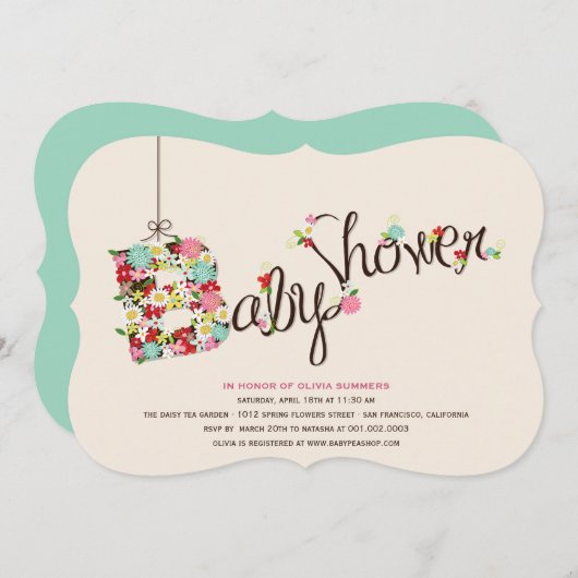 Whimsical B Spring Flowers Baby shower nodigt uit Kaart (Voorkant / Achterkant)