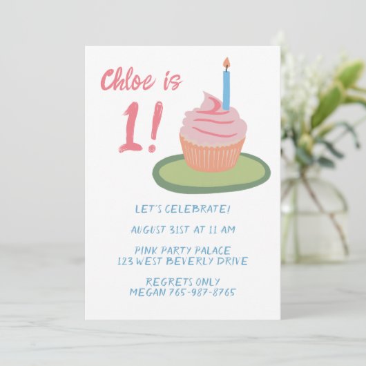 Whimsical BABY 1st Birthday Party Cupcake Custom Kaart (Staand voorkant)