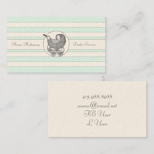 Whimsical Baby Buggy Blue Green Birthing Services Visitekaartje (Voorkant / Achterkant)