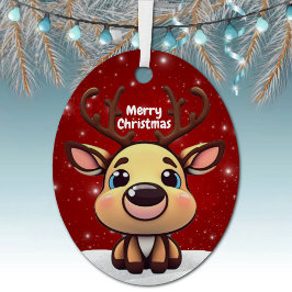 Whimsical Baby Deer Snowy Christmas Berry Red 🎄🦌 Metalen Ornament