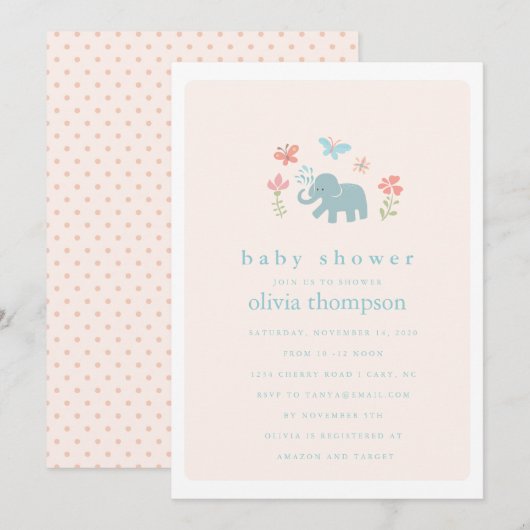 Whimsical Baby Elephant Baby shower Invitation Kaart (Voorkant / Achterkant)