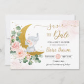 Whimsical Baby Elephant Crescent Mon Blush Floral Save The Date (Voorkant)