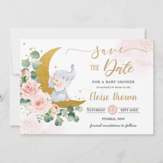 Whimsical Baby Elephant Crescent Mon Blush Floral Save The Date (Voorkant)