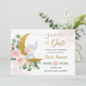 Whimsical Baby Elephant Crescent Mon Blush Floral Save The Date (Staand voorkant)