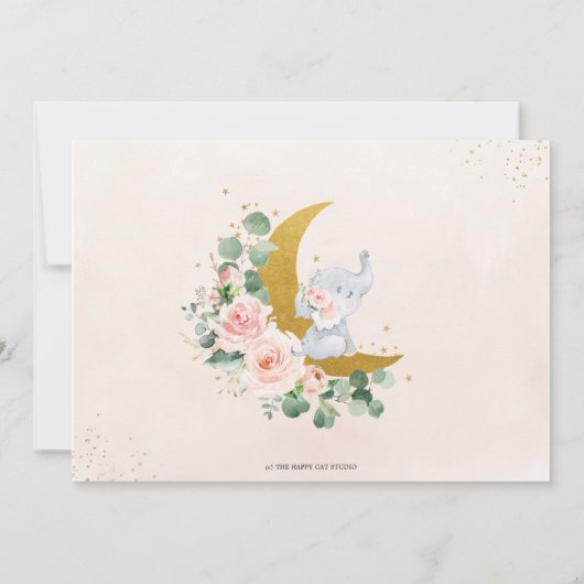 Whimsical Baby Elephant Crescent Mon Blush Floral Save The Date (Achterkant)