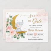 Whimsical Baby Elephant Crescent Mon Blush Floral Save The Date (Voorkant / Achterkant)