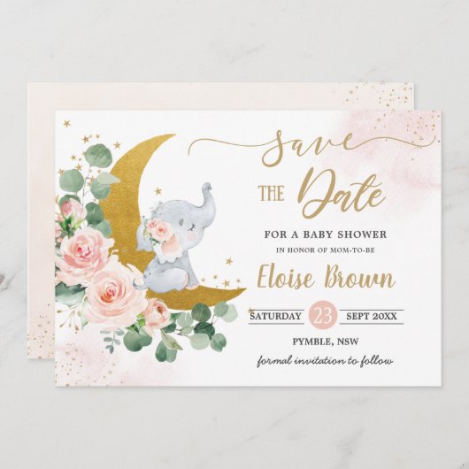 Whimsical Baby Elephant Crescent Mon Blush Floral Save The Date (Voorkant / Achterkant)