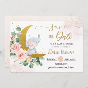Whimsical Baby Elephant Crescent Mon Blush Floral Save The Date