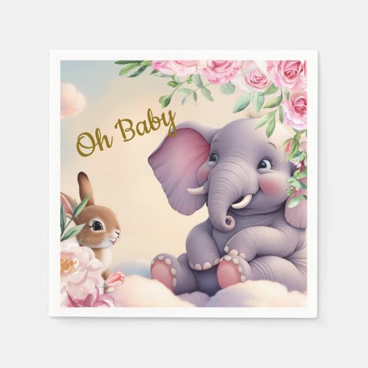 Whimsical Baby Elephant en Bunny Nursery Print Servet (Voorkant)