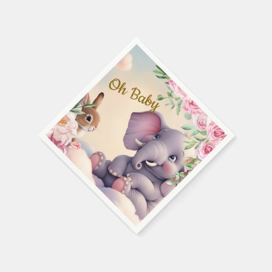 Whimsical Baby Elephant en Bunny Nursery Print Servet (Hoek)