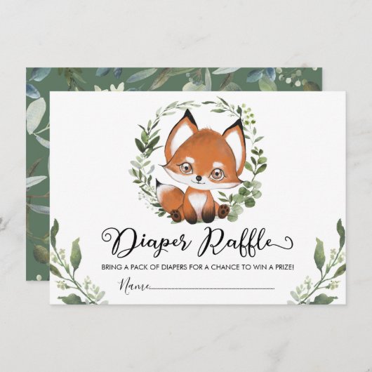 Whimsical Baby Fox Groen Krans Luier Raffle Informatiekaartje (Voorkant / Achterkant)