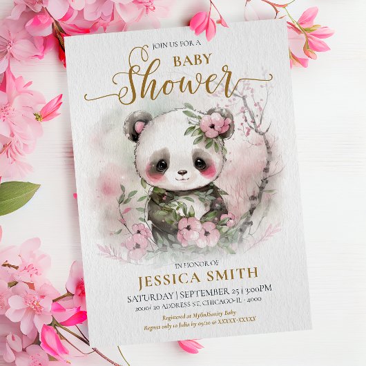 Whimsical Baby Panda & Cherry Blossom Baby shower Kaart