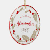 Whimsical Baby's eerste kerstfoto | Rood Beige Keramisch Ornament (Rechts)