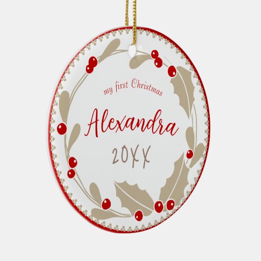Whimsical Baby's eerste kerstfoto | Rood Beige Keramisch Ornament (Rechts)