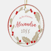 Whimsical Baby's eerste kerstfoto | Rood Beige Keramisch Ornament (Links)