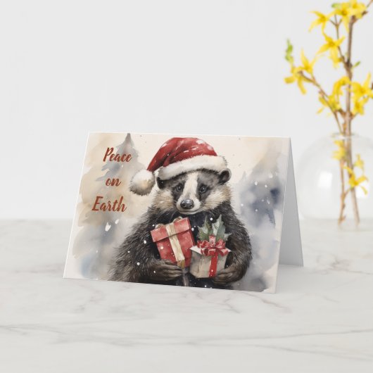 Whimsical Badger Kerst Kaart (Gele Bloem)