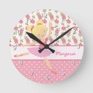 Whimsical Ballerina Floral Pink Girly , gepersonal Ronde Klok